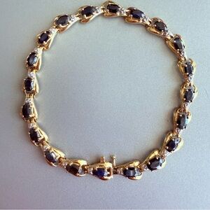 Estate 10k Gold Natural Sapphire & Diamond Tennis Bracelet Vintage LGL D…
